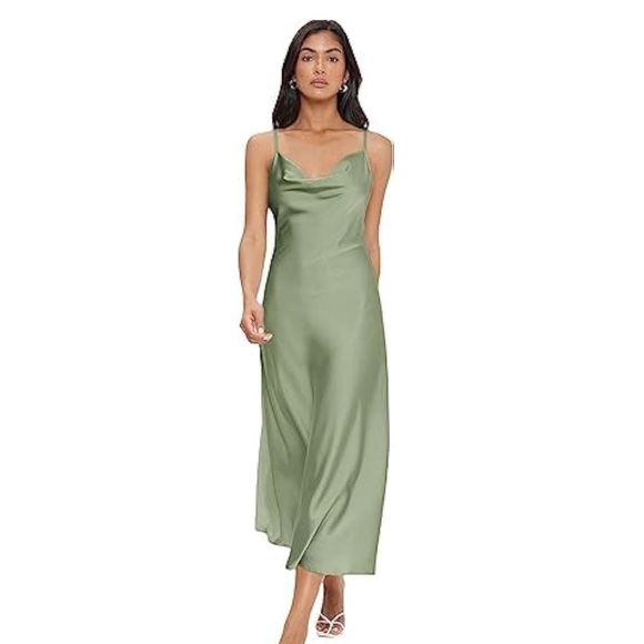 Dresses & Skirts - Spaghetti Strap Satin Dress Cocktail Evening Party Cowl Neck Midi Dresse